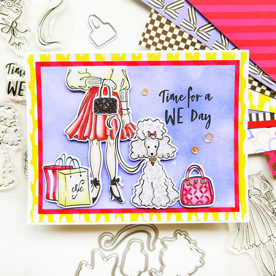 Girl walking poodle in the city card