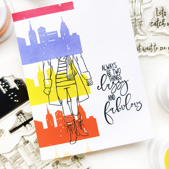 Color blocked city scape with classy girl card