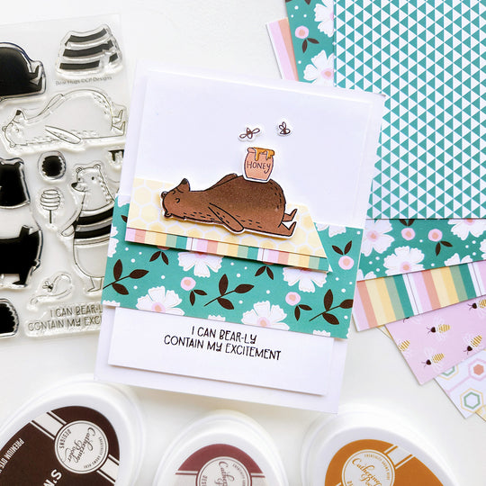 “I can bearly contain my excitement” card with bear, honey pot, buzzing bees with floral and striped paper.
