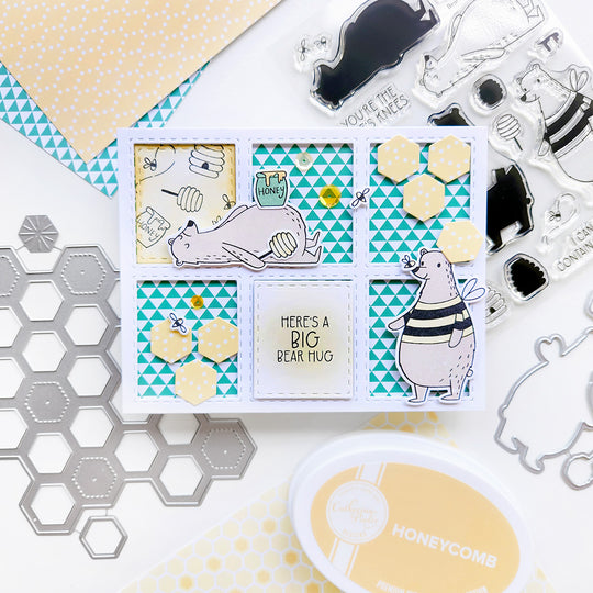 "Here's a Big Bear Hug" card with bears, hives, bees, and accented with triangle paper and honeycomb shapes.