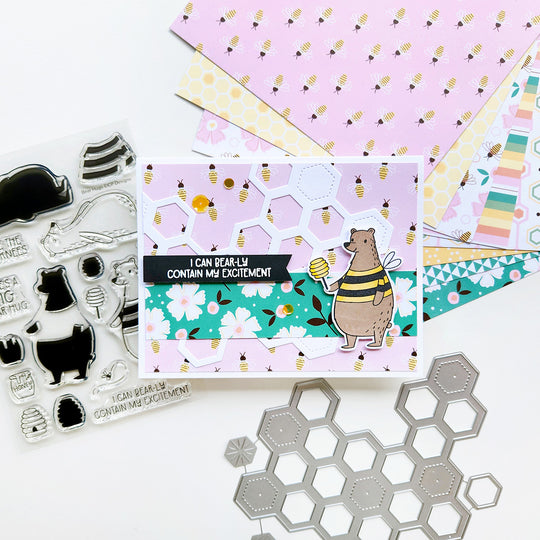 "I can Bearl-ly contain my excitement" card with bears surrounded by honeycomb shapes, accented by floral and bee-patterned paper.
