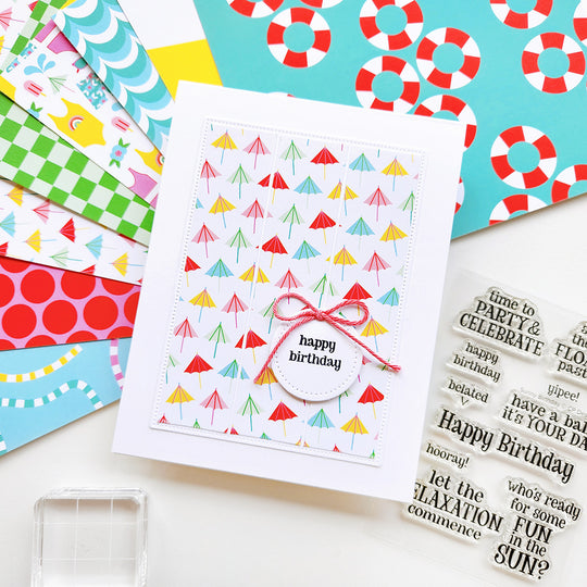 "Happy Birthday" card with umbrella-themed patterned paper.