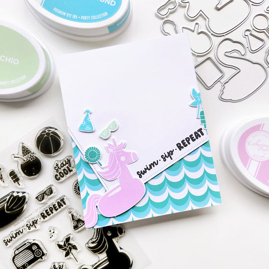 "Swim, Sip, Repeat" card with unicorn float on wavy themed paper.