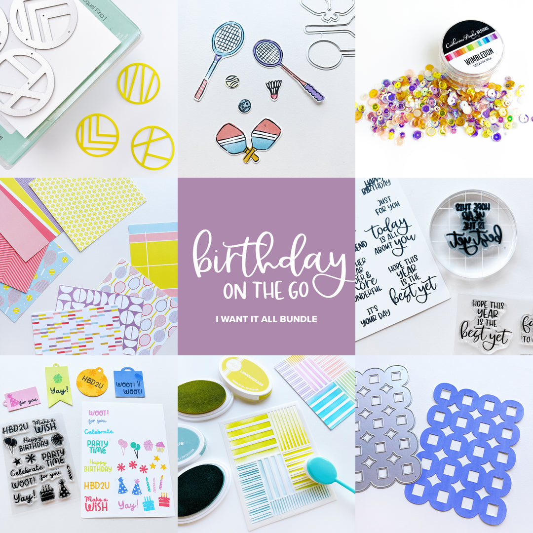 The Birthday on the Go I want it all bundle includes 26 items, 7 dies, 4 stamp sets, 3 packs of patterned paper, 2 sequins, 2 new colors -full sized ink pad, refill, mini ink pad and side labels, plus Background stamp and stencil.and