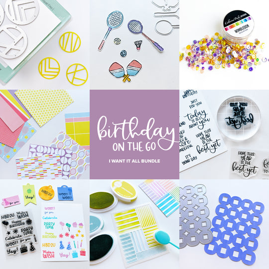 The Birthday on the Go I want it all bundle includes 26 items, 7 dies, 4 stamp sets, 3 packs of patterned paper, 2 sequins, 2 new colors -full sized ink pad, refill, mini ink pad and side labels, plus Background stamp and stencil.and