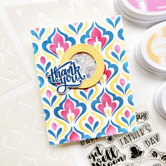 Colorful Thank you patterned card with shaker elements on a white background