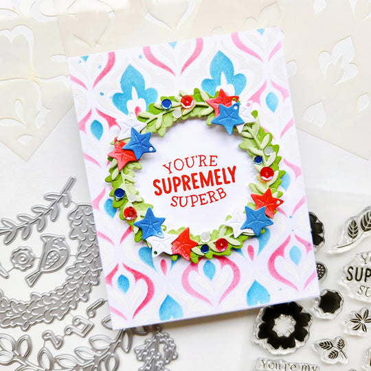 Colorful card with decorative elements and text on a white background