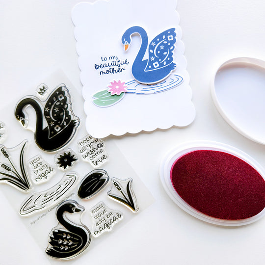"To My Beautiful Mother" card featuring a swan gliding across a pond, surrounded by a single lily pad.