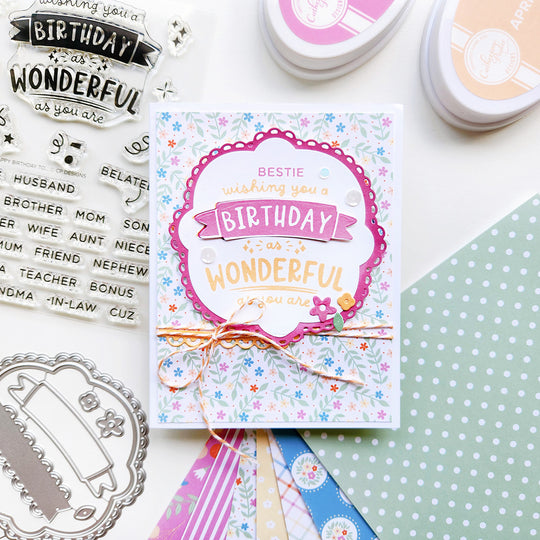 Birthday card with decorative elements on a white surface