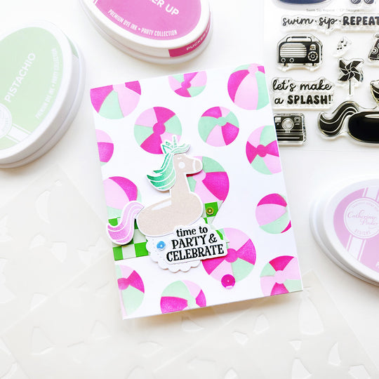 "Time to Party & Celebrate" card featuring a unicorn set on colorful beach balls.