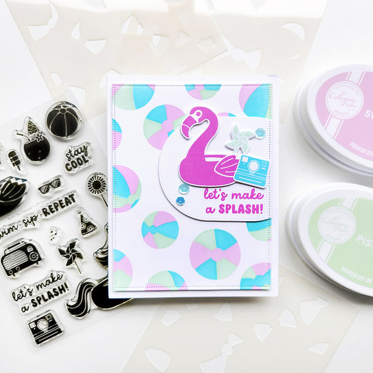 "Let's make a Splash" card featuring a  flamingo set on colorful beach balls.