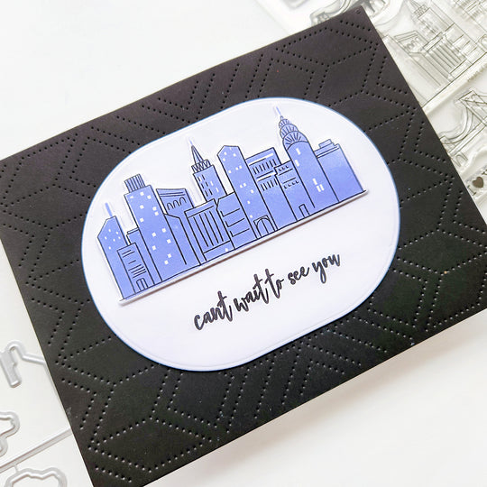 Black background with City Scape Can't wait to see you card