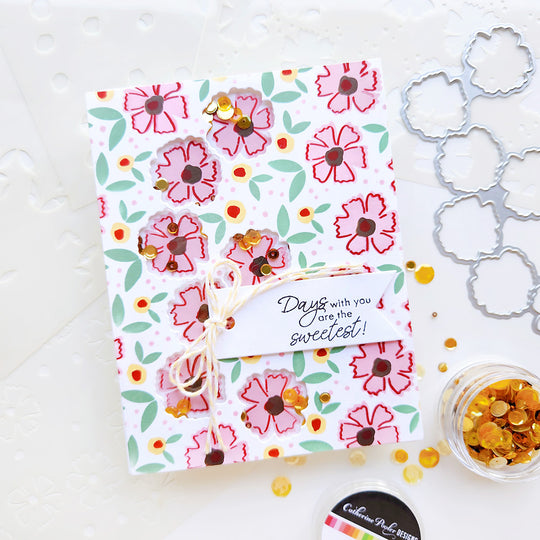 "Days with you are the sweetest" card with a floral background and sequin.