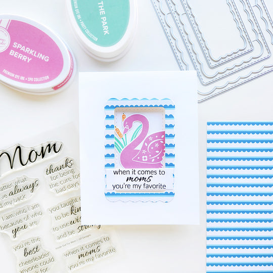 "When it comes to moms, you're my favorite" card with a pink swan, cattails, and rippled patterned paper.