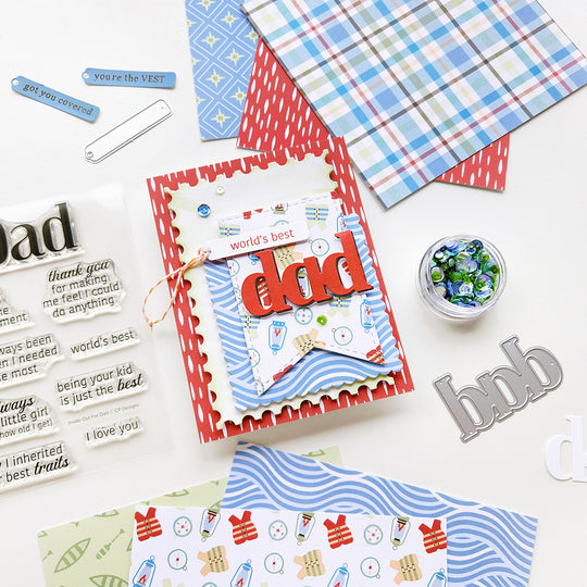 “World’s Best Dad” card designed with nautical and gentle wave inspired patterned paper with a touch of sequin.