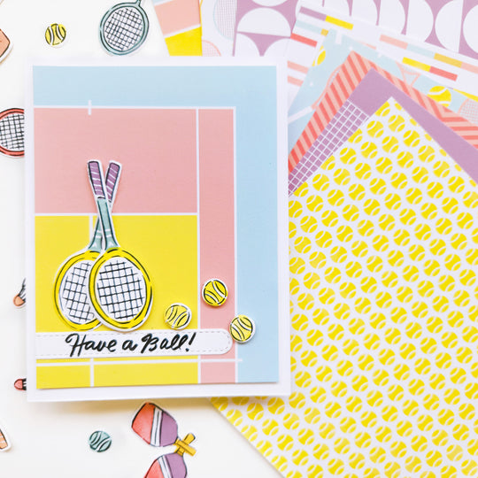 Have a Ball card using 40 Love patterned paper, Make a Racket stamps and dies.