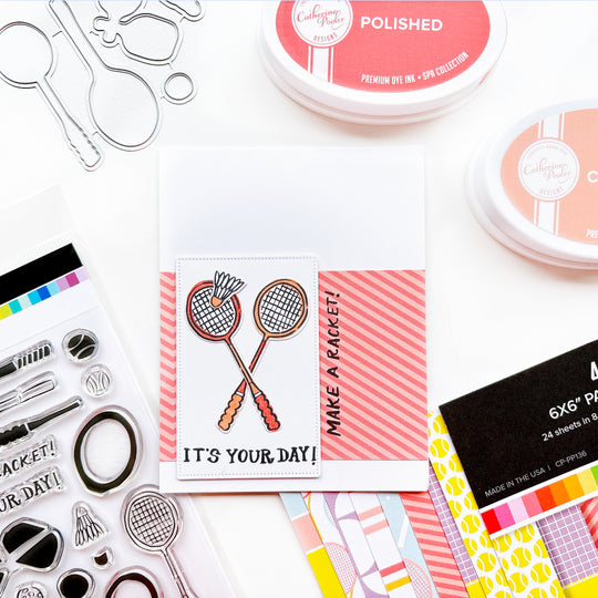 It's Your Day card using Make a Racket stamps and dies and 40 Love patterned paper