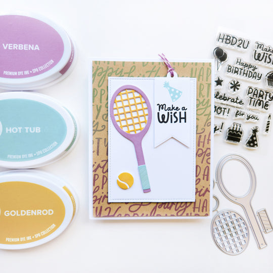 Make a wish card with Your Serve die, Mini tag dies, Mini Birthday wishes sentiment stamps and Block & Script Birthday Background stamp