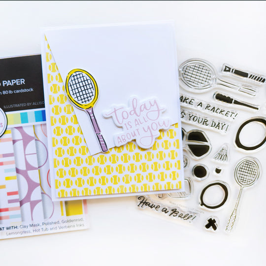 Today is for you card using 40 Love patterned paper, Make a Racket stamps and dies, Best Birthday Yet Sentiments Hot Foil Plates and dies.