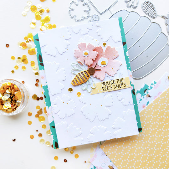 "You're the bee’s knees!" card with flowers and a floral-shaped background, buzzing bee and sequin.