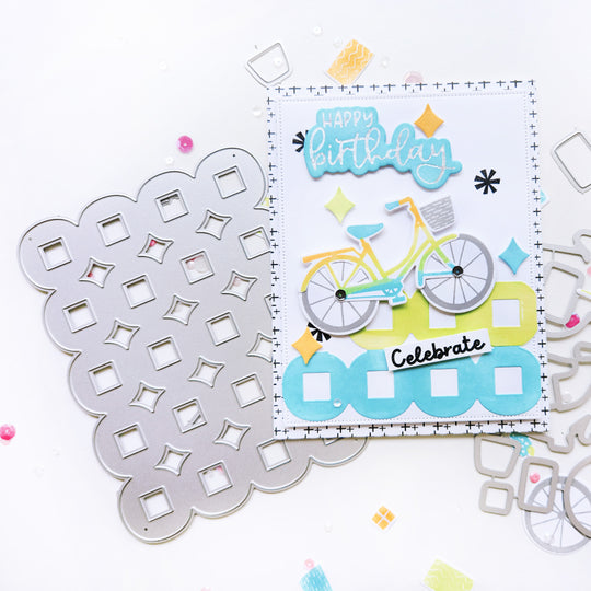 Happy Birthday bicycle card using Pedaling By stamp set, Pedaling By dies, Serena cover plate, Best Birthday Yet Hot Foil Plates and dies, Mini Birthday Wishes Sentiment stamp set and Color Pop patterned paper.