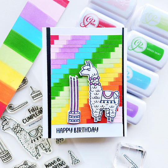 Rainbow Happy Birthday Llama card with Party Mini Ink Pad