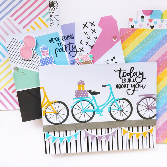 Today is all about you card using Pedaling By stamp set, Best Birthday Yet Sentiments stamp set, Pedaling By dies and Color Pop Patterned paper