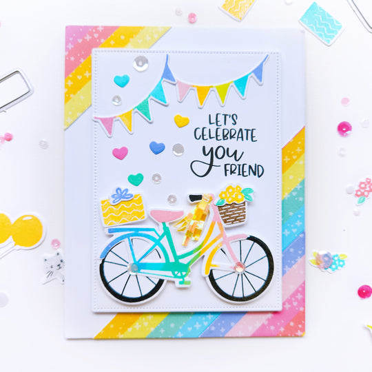 Celebrate you card using Pedaling By stamp set, Pedaling By dies, Best Birthday Yet Sentiments stamp set, and Color Pop patterned paper.