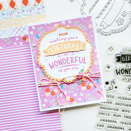 Birthday card for mom with decorative elements and stamps on a white background