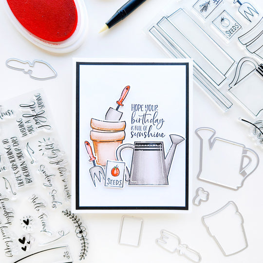 Hope your birthday is full of sunshine. Celebrate with a card featuring a watering can, planter, garden tools, packet of seeds, and summer vibes.