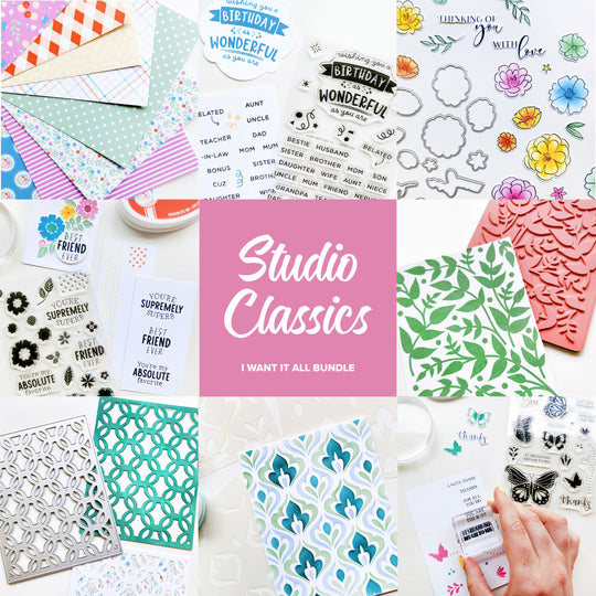 Collage of various crafting tools and materials included in the 'Studio Classics' Collection I want it all bundle.