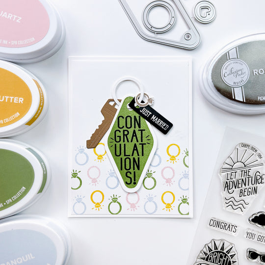 Congratulations Just Married keychain card with hand stamped background.