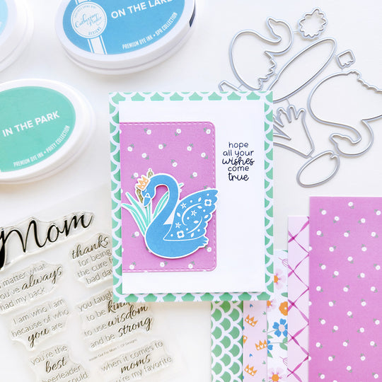 "Hope all your wishes come true" card with a blue swan, cattails, and floral-patterned paper.