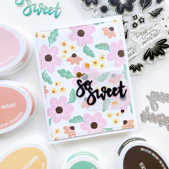 "So Sweet" card with a floral background and a touch of sequin.