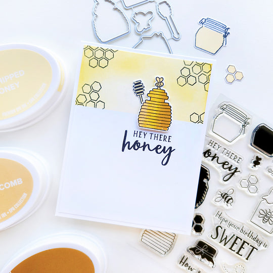 "Hey There, Honey" card with a honey jar and honeycomb shapes as the background.