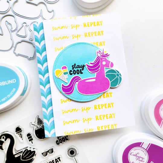 "Stay Cool" card featuring a unicorn float, beach ball, and ice cream on wavy-themed paper.