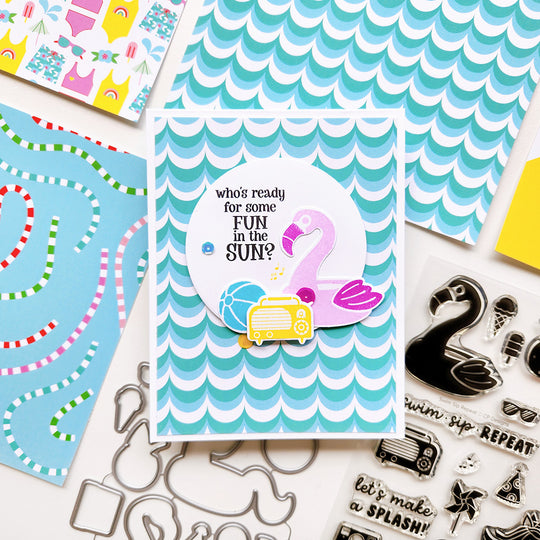 "Fun in the Sun" card with flamingo, ball and radio set on wavy themed patterned paper.