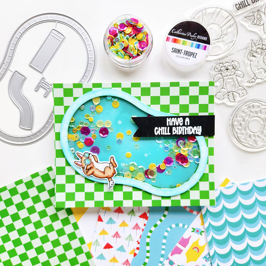 "Have a Chill Birthday" card with a dog beside a sequin-filled pool, set on checkered paper.