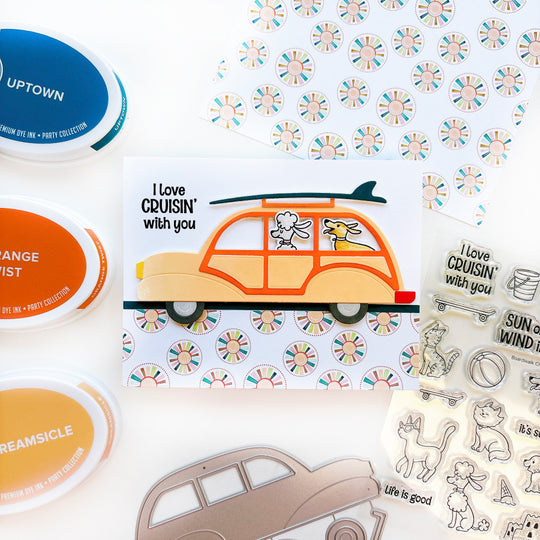 Love Cruisin with you card using the Woodie Wagon dies, Boardwalk Cruisers stamps and dies and the Santa Monica Pier paper.