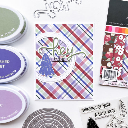 Hey friend card using Hey word dies, Double Duty Circle dies, Because Trees stamps & dies, Because Flowers patterned paper, Midnight, Sage, Crushed Violet, and Lilac ink pads.