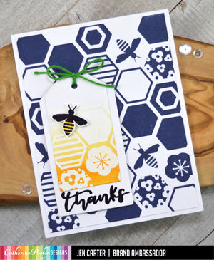 Beehive Background Stamp in Navy with Thanks Gift Tag