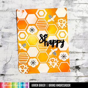 Beehive Background Stamp with So Happy Sentiment in Yellow and Black