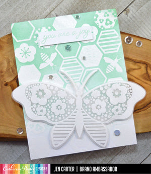 Beehive Background Stamp in Green with Butterfly