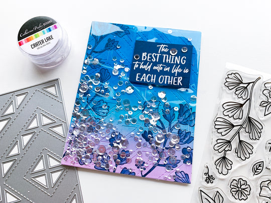 blue florals with sequins and Best Things Sentiment