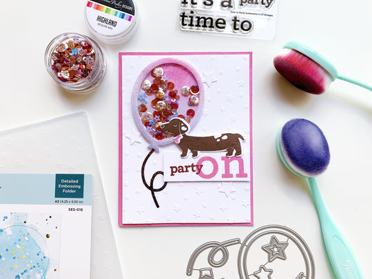 card with dog and balloon with sequins