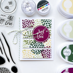 Just for You card using Every Occasion Sentiments stamp, Scallop Tag Duo dies, Bold Bits & Patterns stamp set, Crater Lake sequin mix, Whipped Honey, Matcha, Spruce and Sangria ink pads.