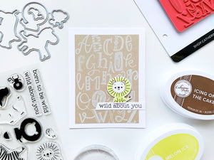 A to Z Background Stamp on brown background with Wild About You Sentiment