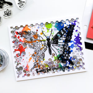 Butterfly in Bloom shaker card over rainbow ink splat