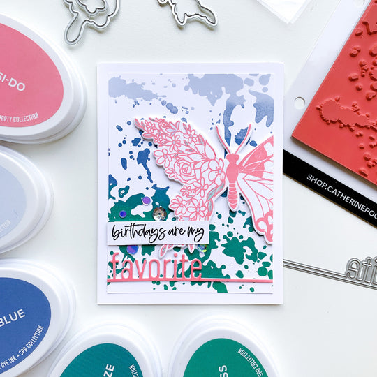 Pink Butterfly in Bloom with Ink Splat background