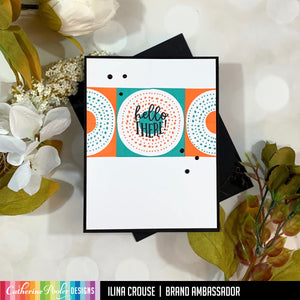 Hello there sentiment with blue and orange GeoCurves Stamp Set background